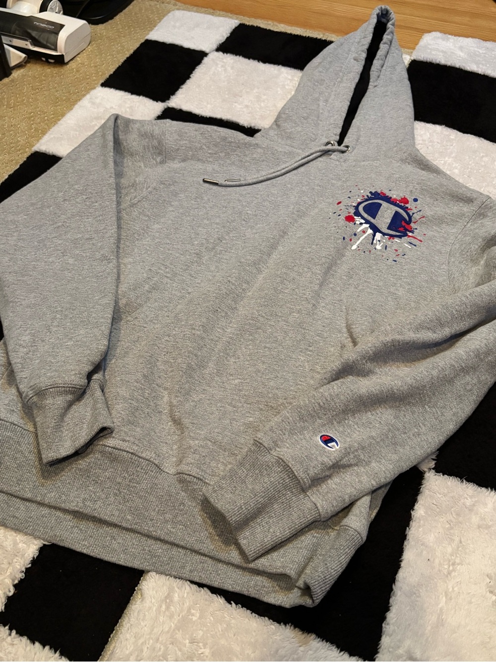 Champion Gray Hoodie with Red, Blue and White Splash Logo